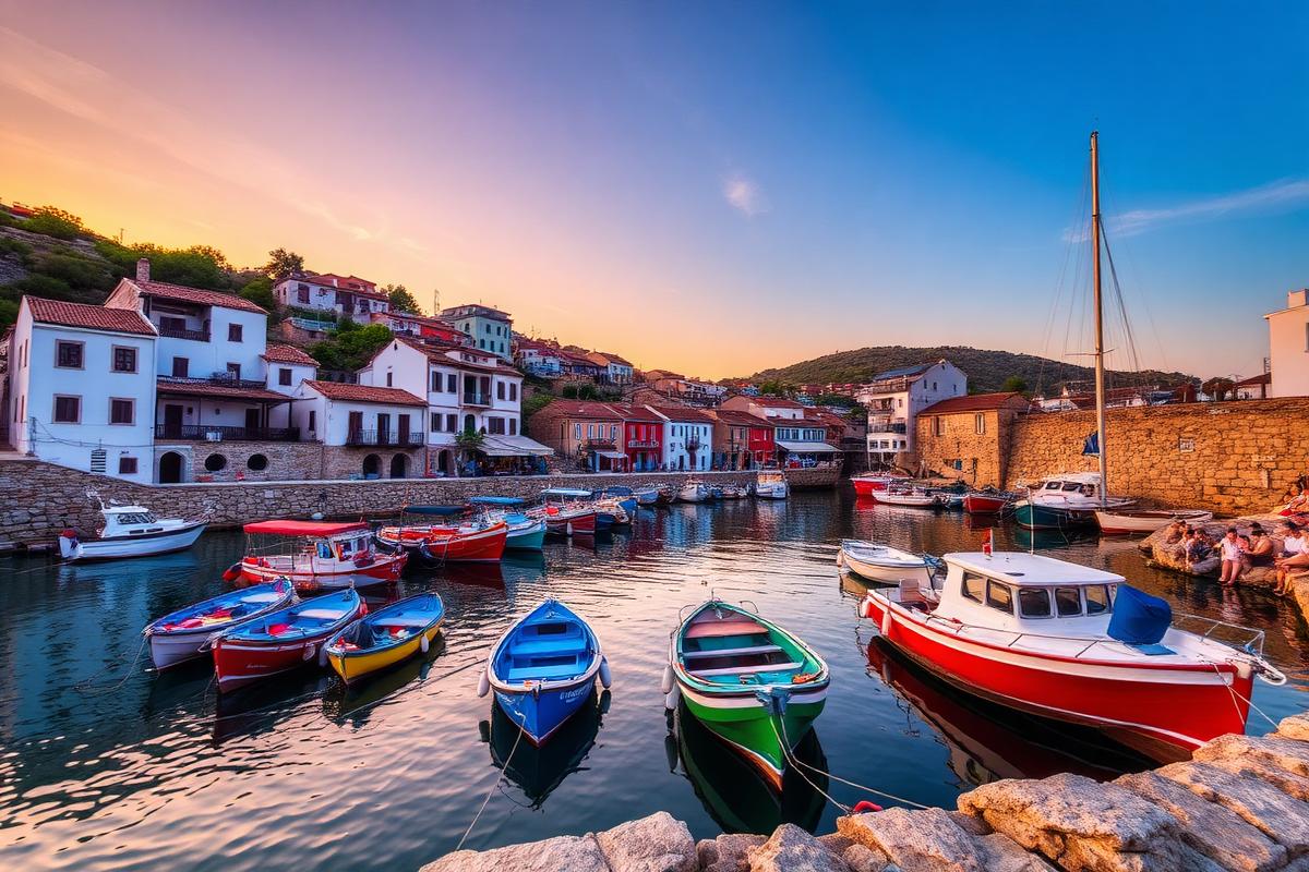 Traditional fishing harbour with colourful boats at sunset